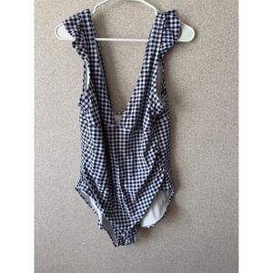 Kona Sol Womens Gingham Ruffle Deep V-Neck One Piece Swimsuit Navy Blue White XL